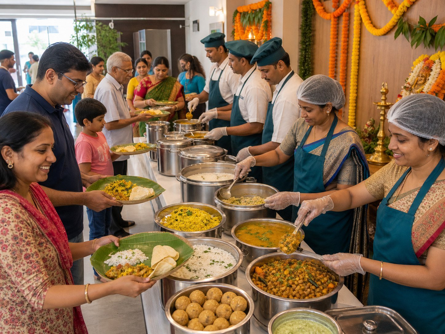 Catering team serving a hygienic vegetarian community meal on leaf plates