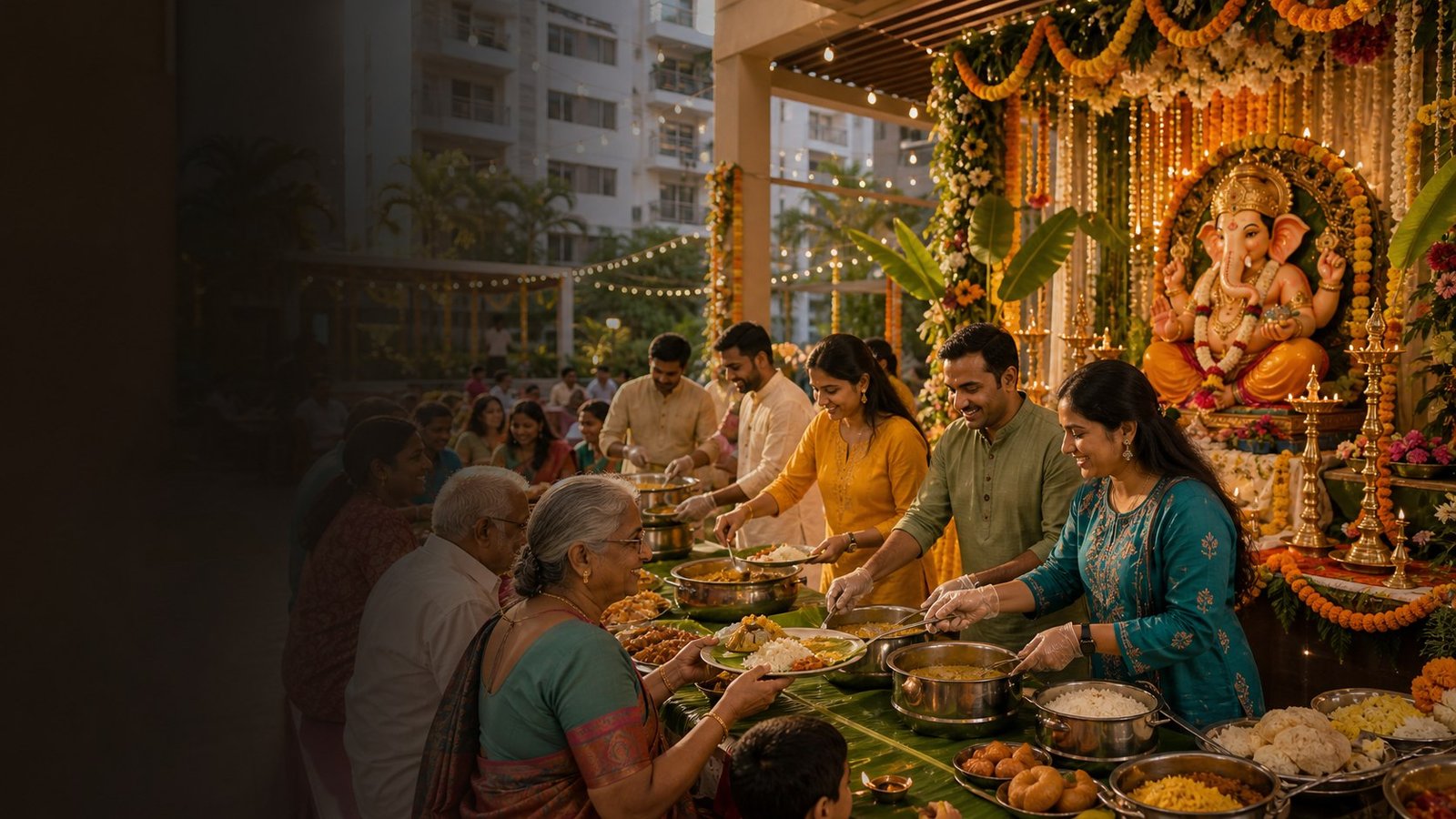 Apartment residents serving a vegetarian annadanam meal beside a decorated Ganesh pooja mandap