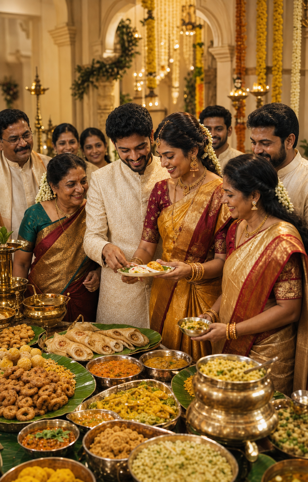 Telugu family gathered around a celebration buffet in a premium function hall