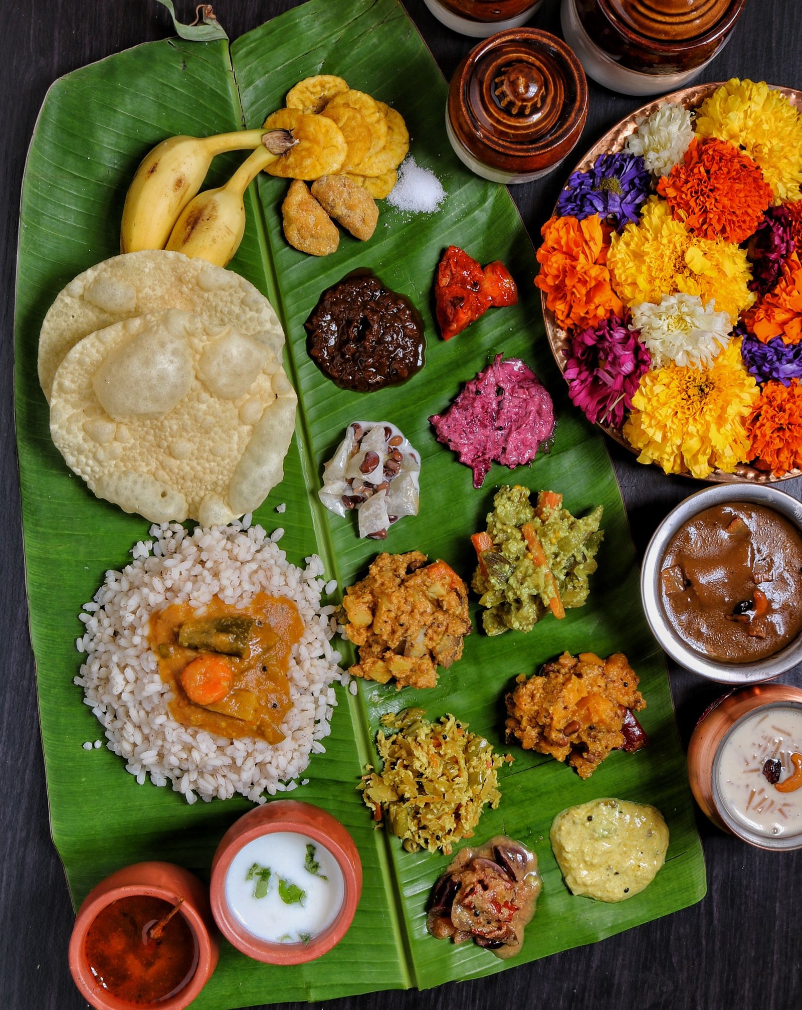 Traditional South Indian celebration feast served on a banana leaf
