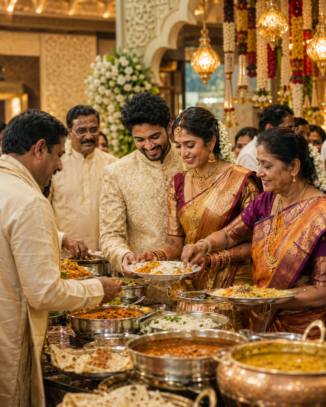 Telugu wedding family enjoying a catered feast in a decorated function hall